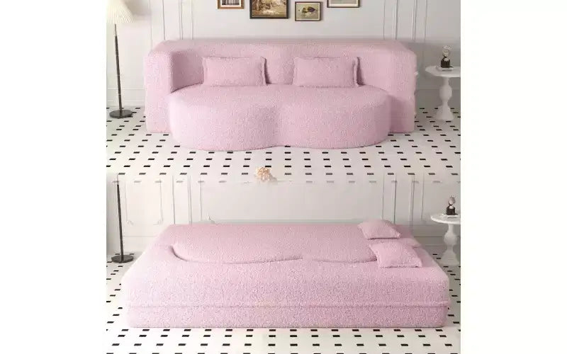EHMKNP Modern Floor Sofa with 2 Pillows,Convertible Teddy Fabric Foam-Filled Sleeper Sofa Bed,for Living Room