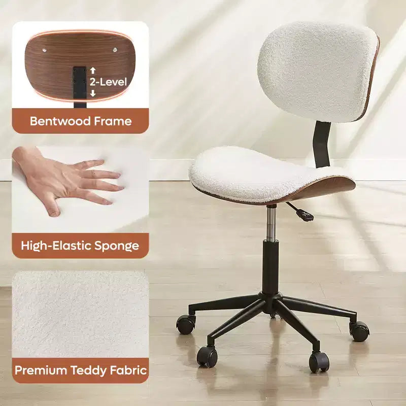 Chaise de Bureau Ergonomique sans Accoudoirs Bestier Bentwood, Chaise de Table Confortable avec Support Lombaire, Chaise de Bureau à Roulettes Réglable en Hauteur en Cuir PU
