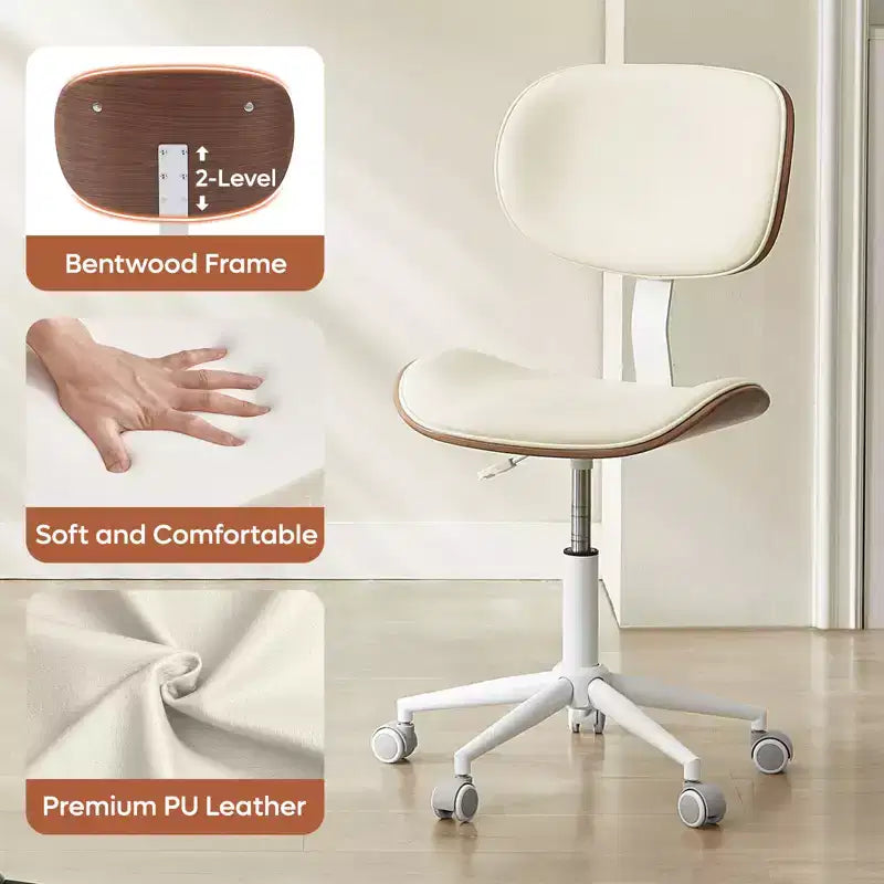Chaise de Bureau Ergonomique sans Accoudoirs Bestier Bentwood, Chaise de Table Confortable avec Support Lombaire, Chaise de Bureau à Roulettes Réglable en Hauteur en Cuir PU
