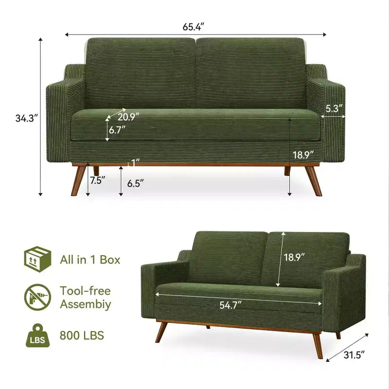 Dyonery 65.4 Comfy Loveseat Sofa Couches for Living Room,Mid Century Modern Small Couch with Spring Cushion,Solid Wood Frame,Tool-Free Assembly