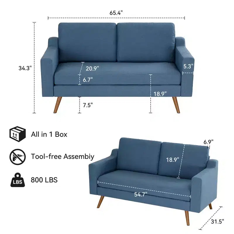 Dyonery 65.4 Comfy Loveseat Sofa Couches for Living Room,Mid Century Modern Small Couch with Spring Cushion,Solid Wood Frame,Tool-Free Assembly