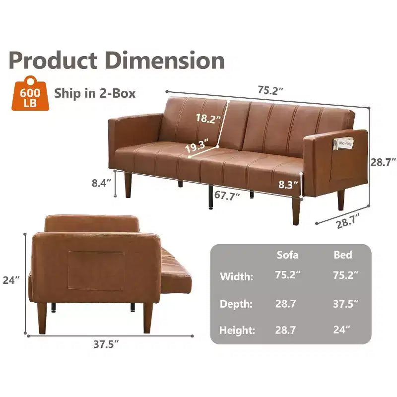 75 Canapé-lit futon de style moderne du milieu du siècle, causeuse convertible en similicuir avec dossier réglable et poches latérales pour salon et chambre à coucher