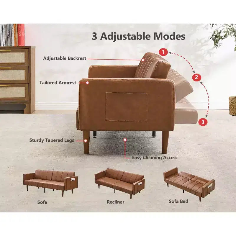 75 Canapé-lit futon de style moderne du milieu du siècle, causeuse convertible en similicuir avec dossier réglable et poches latérales pour salon et chambre à coucher