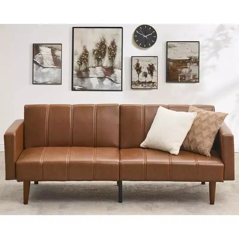 75 Canapé-lit futon de style moderne du milieu du siècle, causeuse convertible en similicuir avec dossier réglable et poches latérales pour salon et chambre à coucher
