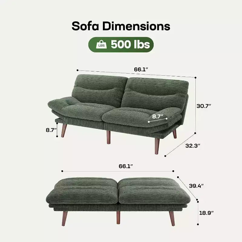 66.1 Canapé convertible en futon, Canapé futon avec dossier et accoudoirs réglables, Petit canapé-lit convertible pour petits appartements, bureau, studio