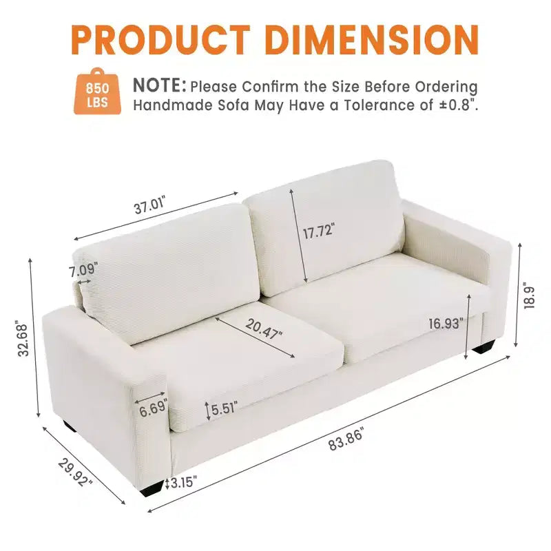 GustoWave 84 Cloud Couch with Deep Seat, 3-Seater Corduroy Couches, Modern Upholstered Sofa with Wide Armrests for Living Room, Beige