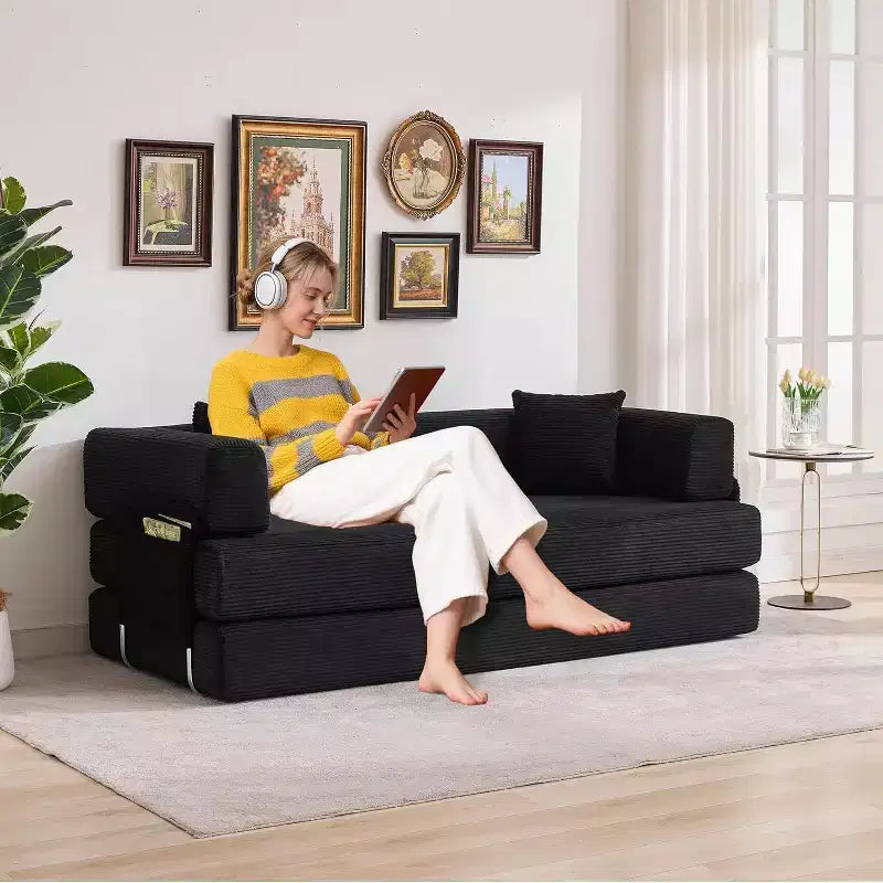 Canapé convertible, Lit escamotable avec 2 oreillers, Canapé convertible sans cadre en velours côtelé moelleux, Aucun assemblage requis pour le salon, la chambre à coucher