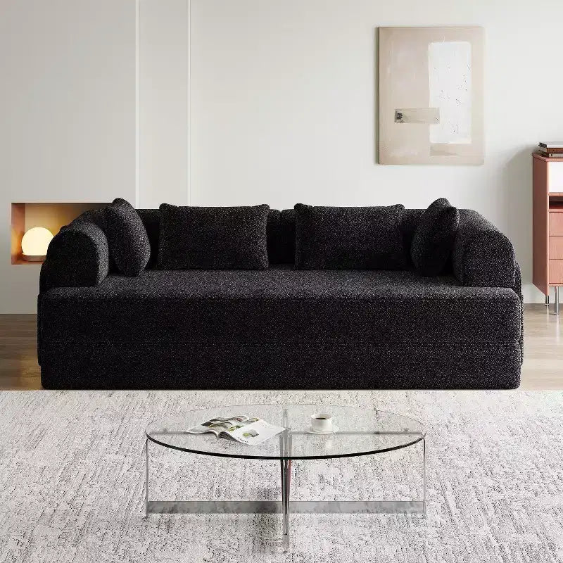78.7-Inch Green Chenille Folding Mattress Sofa with Cylindrical Pillow Floor Sofa Lounge Couch for Living Room Bedroom Lounge Studio