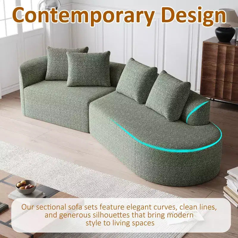 Canapé nuage incurvé 4 places extra profond et large en chenille kaki de 284 cm avec 4 coussins, canapé modulable pour salon