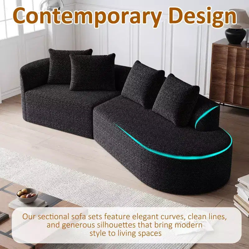 Canapé nuage incurvé 4 places extra profond et large en chenille kaki de 284 cm avec 4 coussins, canapé modulable pour salon