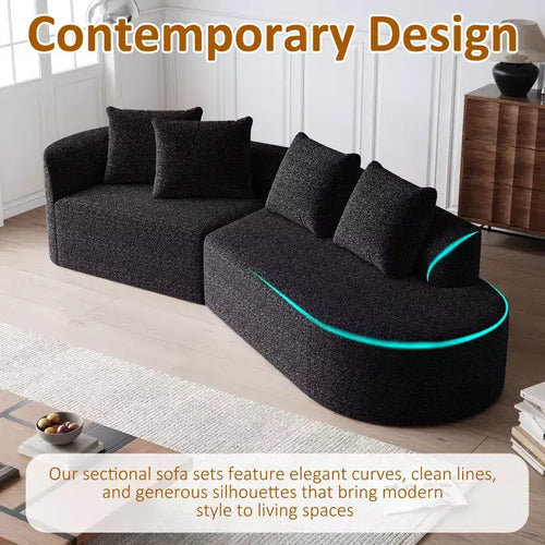 Canapé nuage incurvé 4 places extra profond et large en chenille kaki de 284 cm avec 4 coussins, canapé modulable pour salon