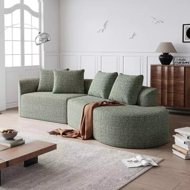 Canapé nuage incurvé 4 places extra profond et large en chenille kaki de 284 cm avec 4 coussins, canapé modulable pour salon