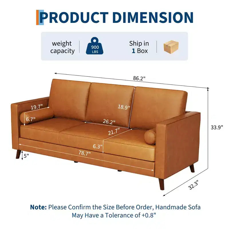 81 Leather Sofa for Living Room, Mid-Century Modern Couch with Deep Seats, Brown Faux Leather Couch, 3 Seat Sofa with Removable Cover for Apartment