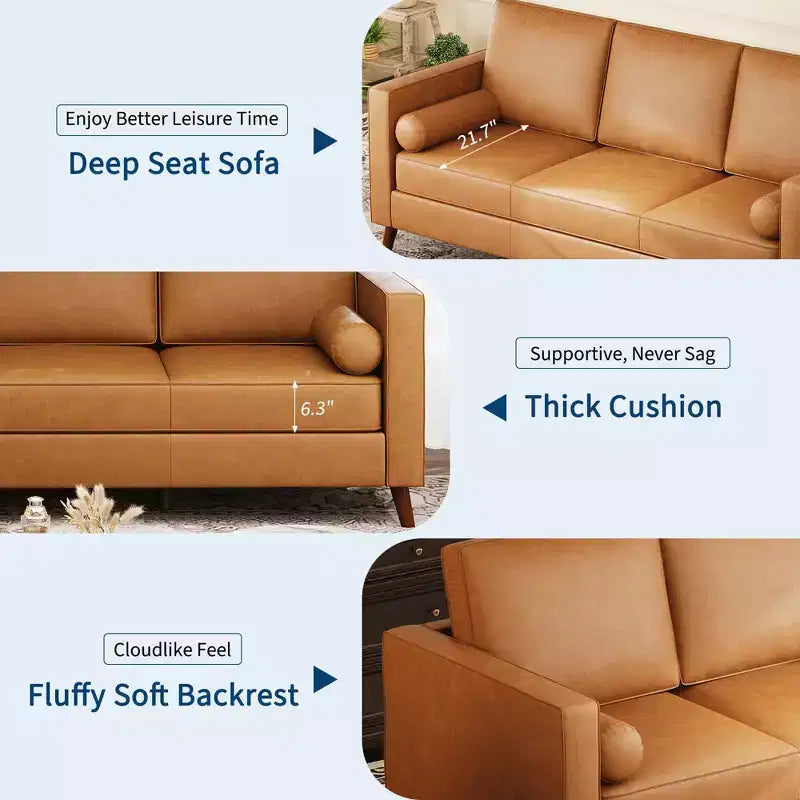 81 Leather Sofa for Living Room, Mid-Century Modern Couch with Deep Seats, Brown Faux Leather Couch, 3 Seat Sofa with Removable Cover for Apartment