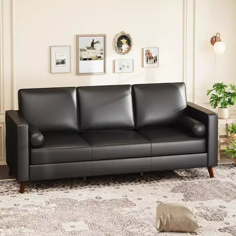 81 Leather Sofa for Living Room, Mid-Century Modern Couch with Deep Seats, Brown Faux Leather Couch, 3 Seat Sofa with Removable Cover for Apartment