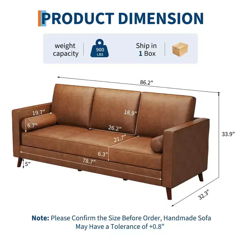 81 Leather Sofa for Living Room, Mid-Century Modern Couch with Deep Seats, Brown Faux Leather Couch, 3 Seat Sofa with Removable Cover for Apartment