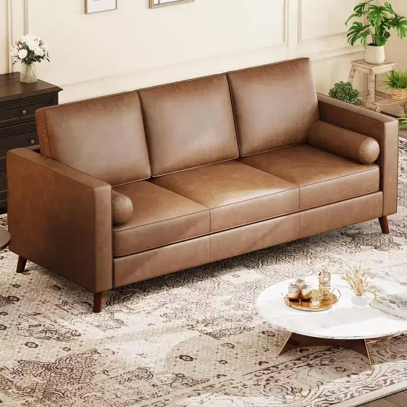 81 Leather Sofa for Living Room, Mid-Century Modern Couch with Deep Seats, Brown Faux Leather Couch, 3 Seat Sofa with Removable Cover for Apartment