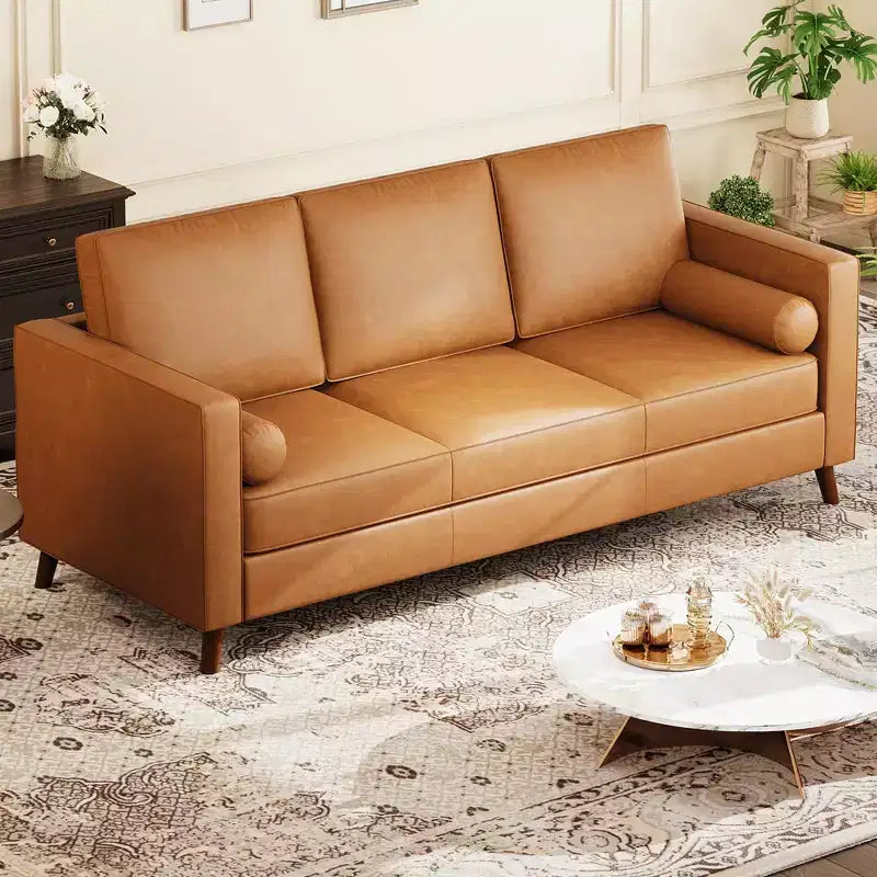 81 Leather Sofa for Living Room, Mid-Century Modern Couch with Deep Seats, Brown Faux Leather Couch, 3 Seat Sofa with Removable Cover for Apartment
