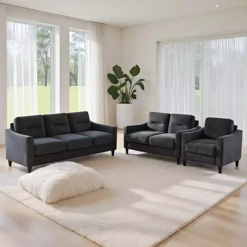 PexFix Modern Velvet Upholstered 3 Set Sectional Couches 3-Seater Sofa Loveseat and Single Chair with Solid Wood Frame for Living Room Apartment Black