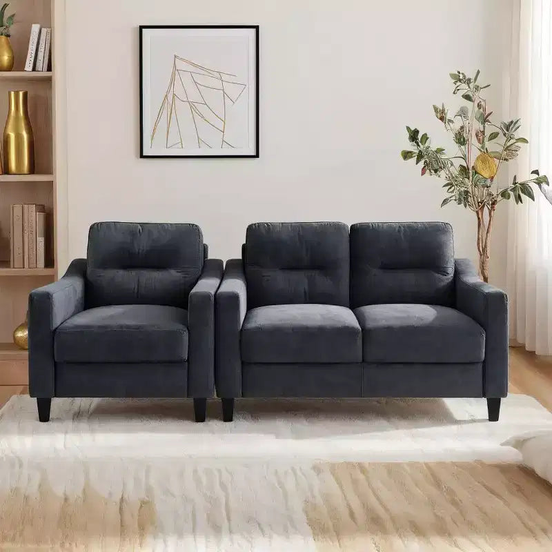 PexFix Modern Velvet Upholstered 3 Set Sectional Couches 3-Seater Sofa Loveseat and Single Chair with Solid Wood Frame for Living Room Apartment Black