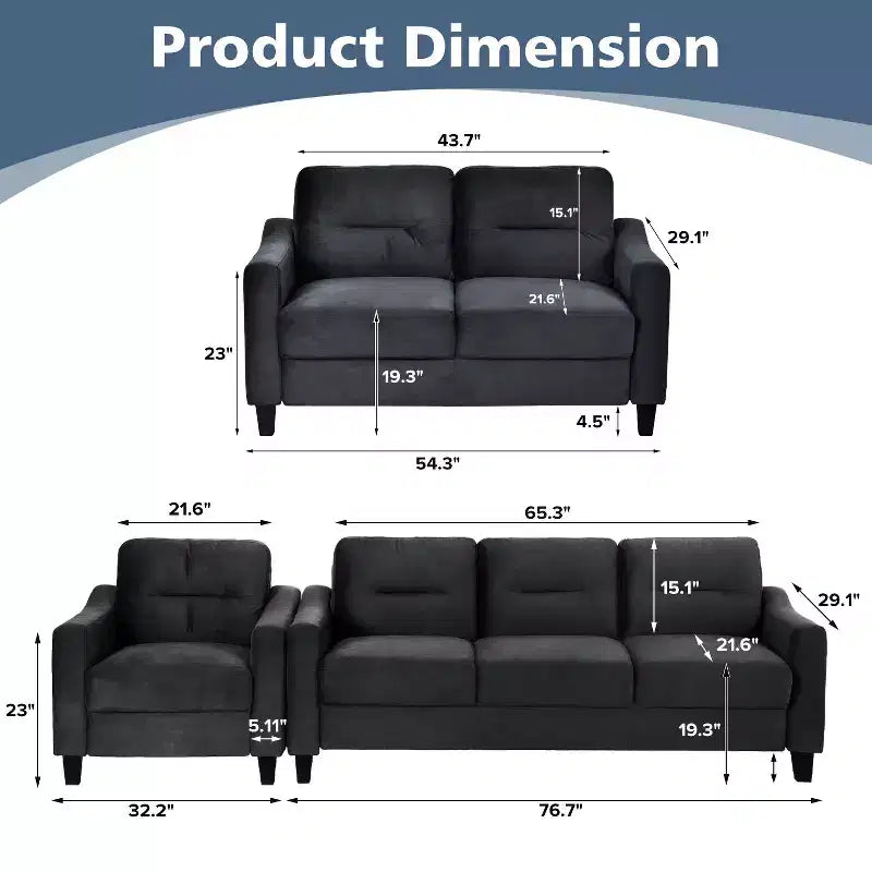 PexFix Modern Velvet Upholstered 3 Set Sectional Couches 3-Seater Sofa Loveseat and Single Chair with Solid Wood Frame for Living Room Apartment Black