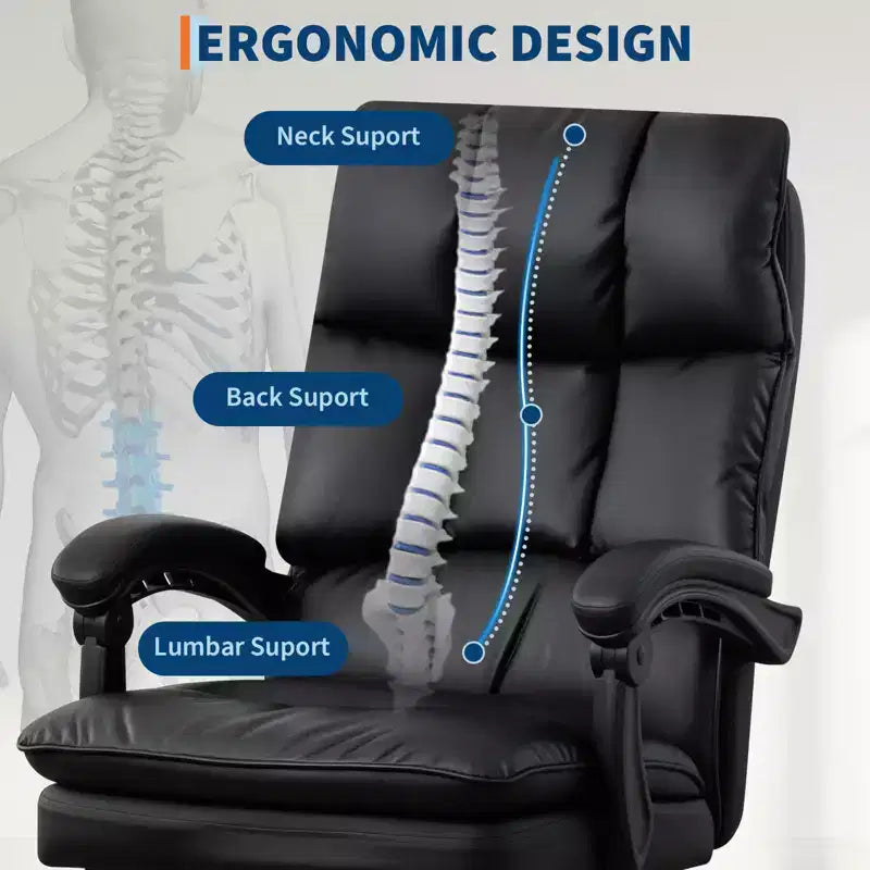 High-Back Executive Office ChairCBlack PU Leather Desk Chair with Footrest, 360 Swivel & Ergonomic SupportCComfortable Home Computer/Gaming Chair