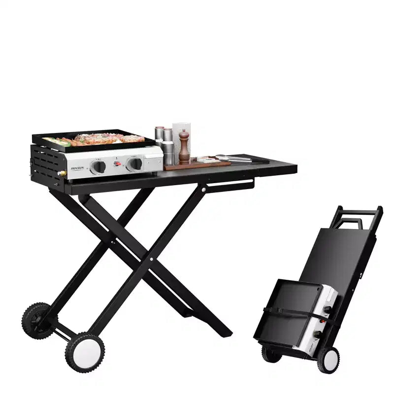 ROVSUN 2 Burner Folable Portable Propane Griddle, 20000 BTU Rolling Flat Top Gas Grill with Ignition & Regulator for Outdoor Camping BBQ Tailgating