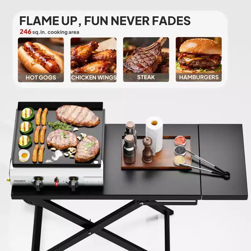 ROVSUN Plancha portative pliable à 2 brûleurs au propane, 20 000 BTU, grill plat roulant au gaz avec allumage et régulateur pour camping en plein air, barbecue, pique-nique