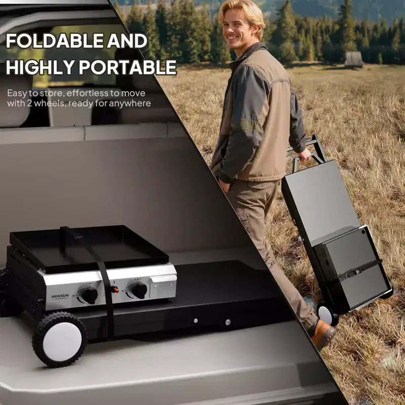 ROVSUN Plancha portative pliable à 2 brûleurs au propane, 20 000 BTU, grill plat roulant au gaz avec allumage et régulateur pour camping en plein air, barbecue, pique-nique