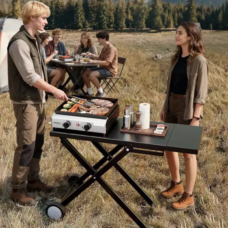 ROVSUN Plancha portative pliable à 2 brûleurs au propane, 20 000 BTU, grill plat roulant au gaz avec allumage et régulateur pour camping en plein air, barbecue, pique-nique
