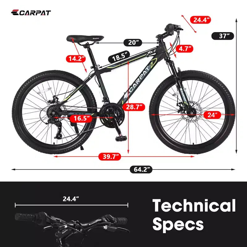 VTT Zeus & Ruta 24 avec 21 vitesses, double frein à disque, cadre en acier durable pour garçons et filles