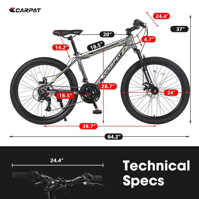VTT Zeus & Ruta 24 avec 21 vitesses, double frein à disque, cadre en acier durable pour garçons et filles