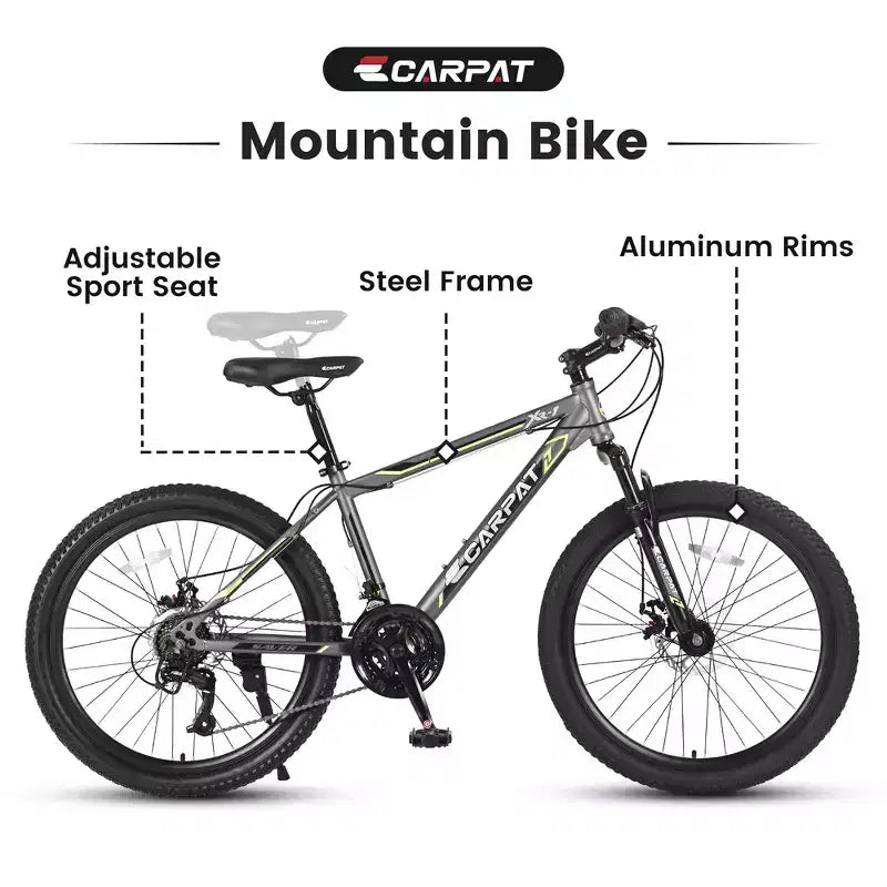 VTT Zeus & Ruta 24 avec 21 vitesses, double frein à disque, cadre en acier durable pour garçons et filles