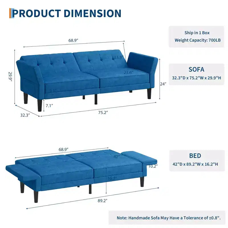 89 Futon Sofa Bed, Convertible Sleeper Sofa with Adjustable Backrest & Armrest, Modern Loveseat Sleeper for Living Room Bedroom Apartments