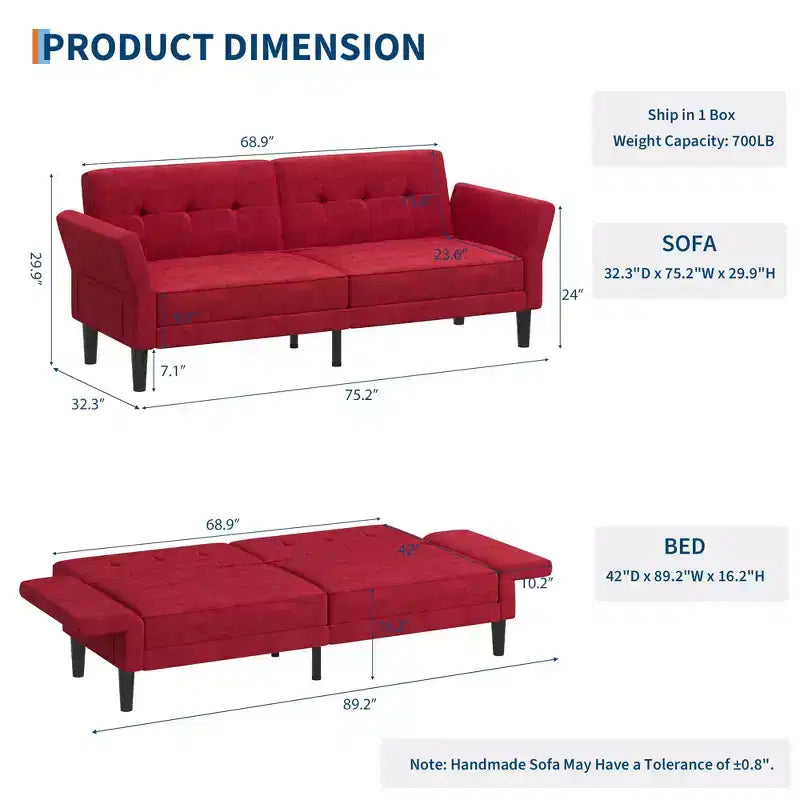 89 Futon Sofa Bed, Convertible Sleeper Sofa with Adjustable Backrest & Armrest, Modern Loveseat Sleeper for Living Room Bedroom Apartments