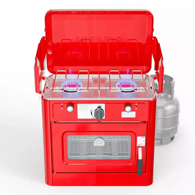 ROVSUN 2-in-1 Portable Camping Stove & Propane Oven Combo with Igniter, Camp Stove with Windpanel for Outdoor Camping Cooking Baking Grilling