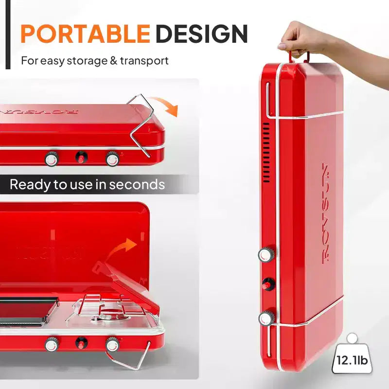ROVSUN 2-in-1 Portable Camping Stove & Propane Grill Combo with Igniter, Tabletop Camp Stove with Handle & Windpanel for Camping Tailgating Grilling