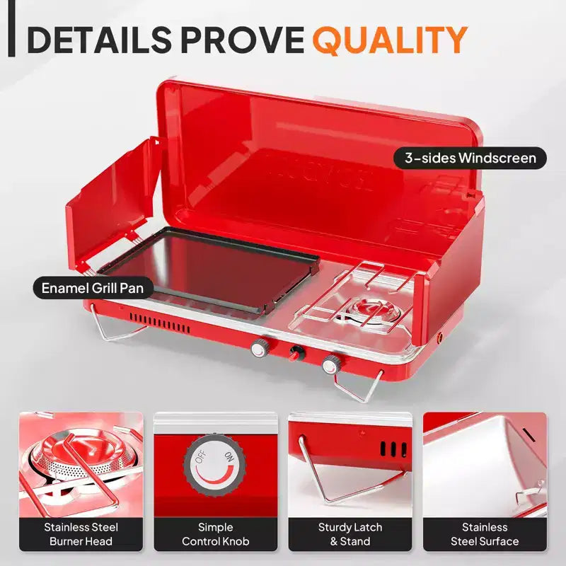 ROVSUN 2-in-1 Portable Camping Stove & Propane Grill Combo with Igniter, Tabletop Camp Stove with Handle & Windpanel for Camping Tailgating Grilling