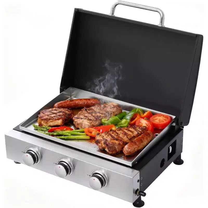 Zevemomo 3 Burner Portable Propane Grill, Tabletop Gas Grill with Stainless Steel Tray & Regulator, 28,680 BTU Flat Top for Patio Garden Camping