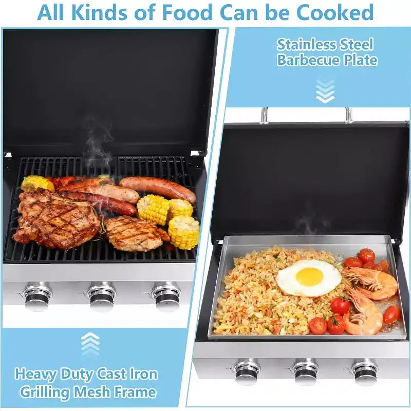 Zevemomo 3 Burner Portable Propane Grill, Tabletop Gas Grill with Stainless Steel Tray & Regulator, 28,680 BTU Flat Top for Patio Garden Camping