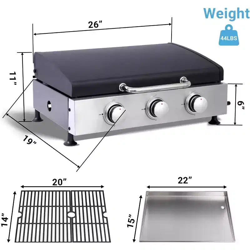 Zevemomo 3 Burner Portable Propane Grill, Tabletop Gas Grill with Stainless Steel Tray & Regulator, 28,680 BTU Flat Top for Patio Garden Camping
