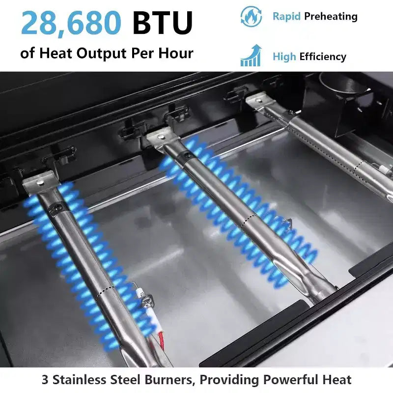 Zevemomo 3 Burner Portable Propane Grill, Tabletop Gas Grill with Stainless Steel Tray & Regulator, 28,680 BTU Flat Top for Patio Garden Camping