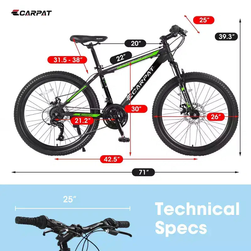 NAYSAYE 26 Inch Mountain Bike 21 Speed Disc Brakes High Carbon Steel Frame Bikes for Adults for Trail Riding, Black and Green, 71*25*39.3