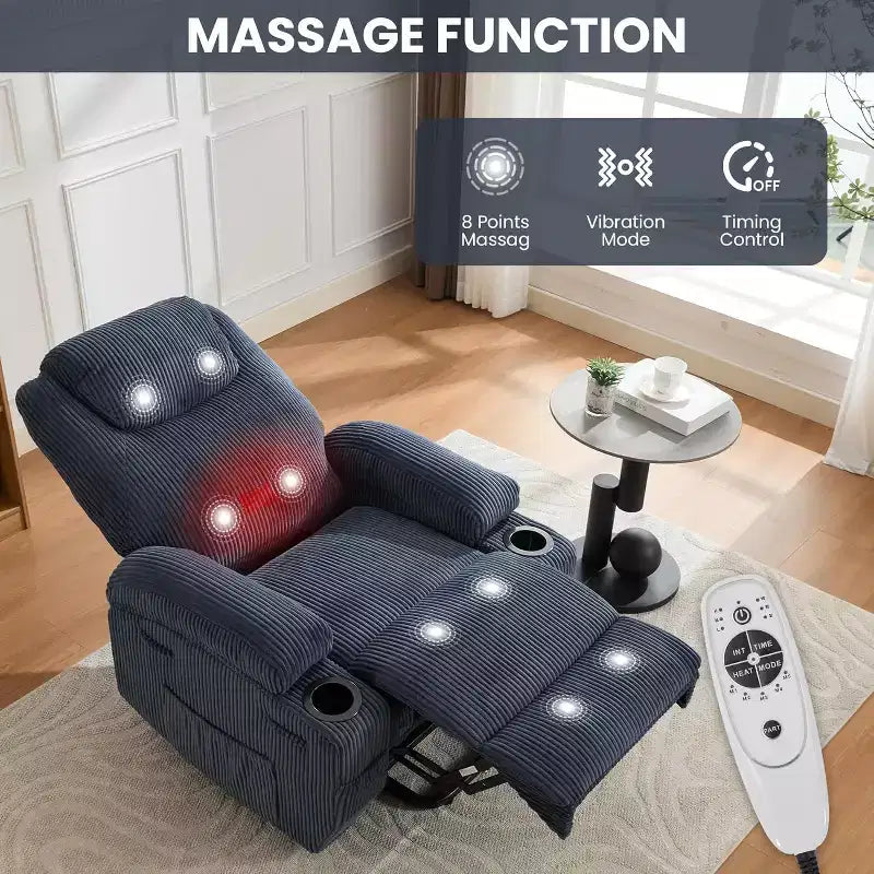 Power Lift Recliner Chair, Lift Chair with Massage & Heat, Adjustable Corduroy Electric Recliner Chairs with 2 Cup Holders & Stand Assist