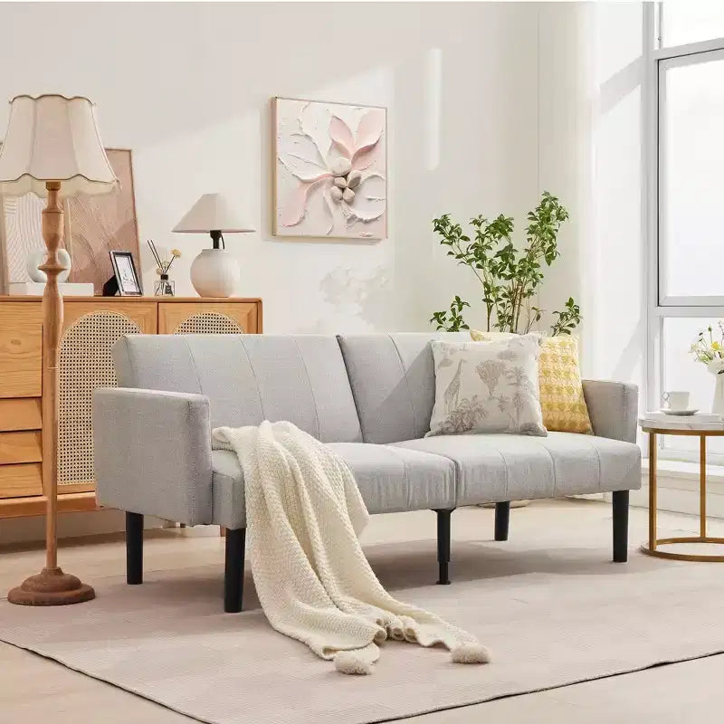 COZONY 75.5 Convertible Futon Sofa Bed, Linen Flannel Loveseat Couch with Wood Legs, Adjustable Folding Sleeper Sofa for Living Room, Small Space