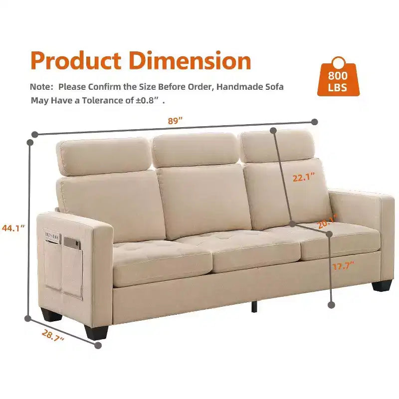 89'' Chenille Fabric Upholstered Sofa, Comes with a Detachable Headrest, Ergonomic and Supported Seating with Side Storage Pockets