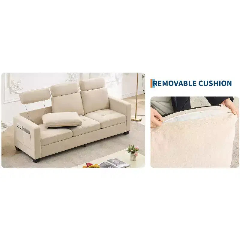 89'' Chenille Fabric Upholstered Sofa, Comes with a Detachable Headrest, Ergonomic and Supported Seating with Side Storage Pockets