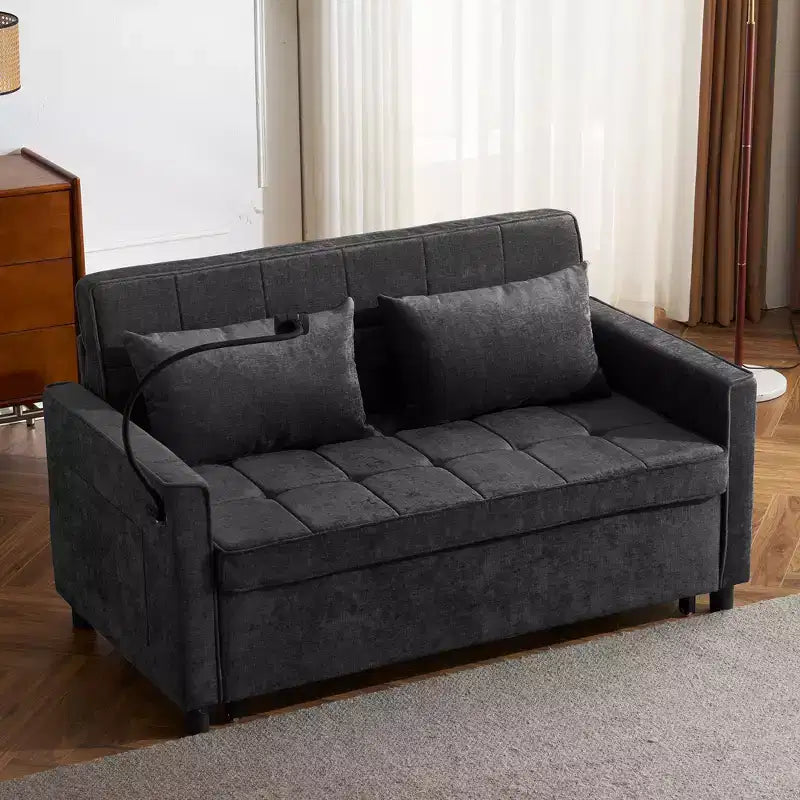 MAYEERTY 56.9 Inch Loveseat Pull Out Sleeper Sofa Bed with Reversible Backrest Cushion Side Pockets Phone Holder for Living Room Black