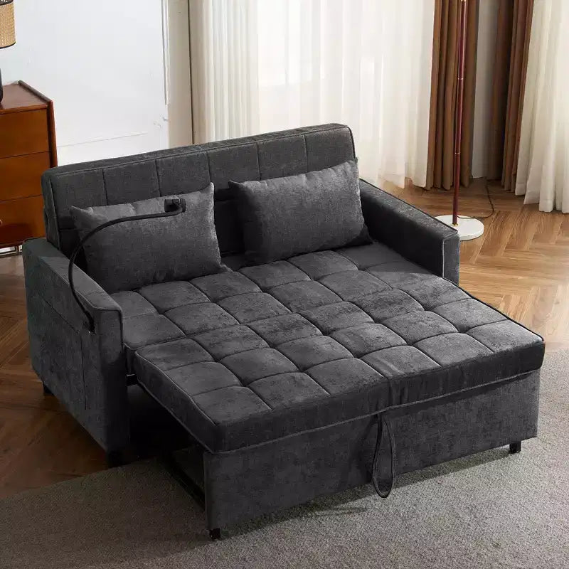 MAYEERTY 56.9 Inch Loveseat Pull Out Sleeper Sofa Bed with Reversible Backrest Cushion Side Pockets Phone Holder for Living Room Black