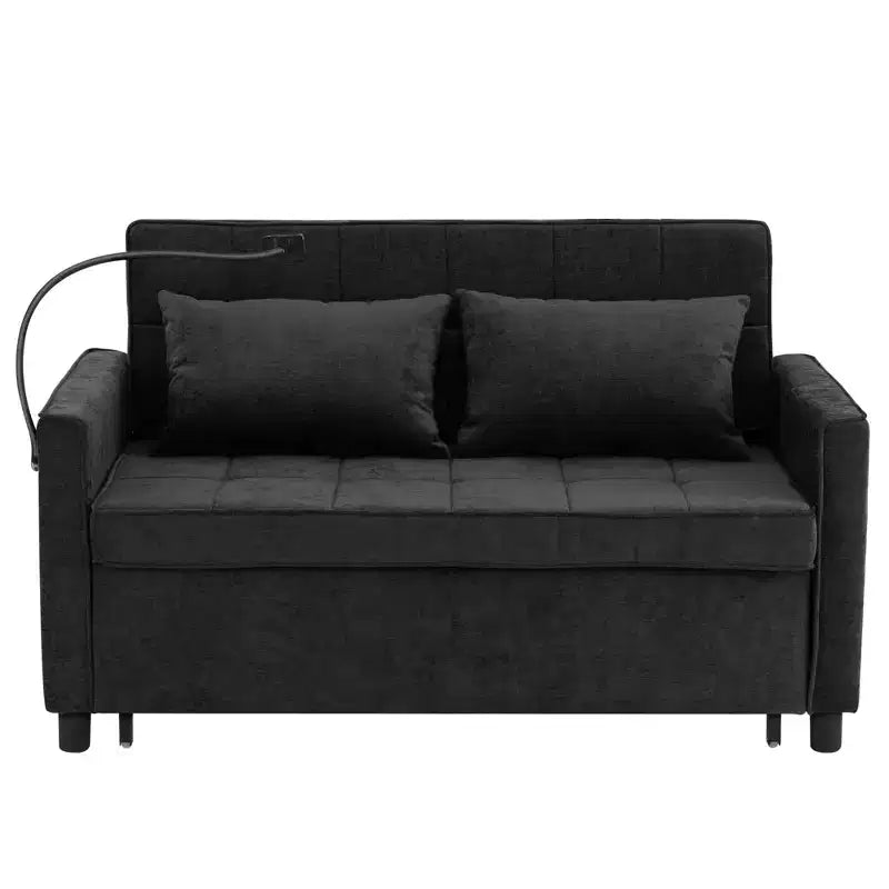 MAYEERTY 56.9 Inch Loveseat Pull Out Sleeper Sofa Bed with Reversible Backrest Cushion Side Pockets Phone Holder for Living Room Black